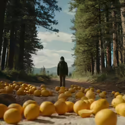a man walks towards a large amount of lemons in the woods