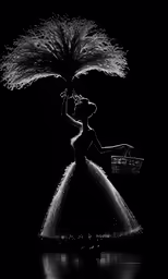 a woman in a long dress holds a large umbrella