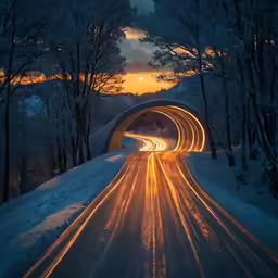 a tunnel is pictured in a snowy area with many lights