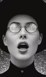 a woman with round glasses wearing a black hat and a large silver collar