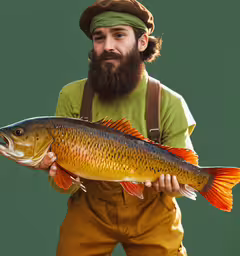 a man with a beard and a beard is holding a fish,a man is holding a fish that is orange