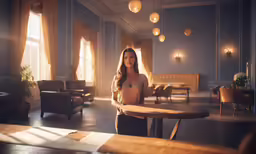 an elegant hotel lobby with a beautiful lady standing in the middle of it