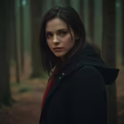 a woman standing in the woods posing for a portrait