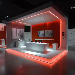 an indoor bathroom with white and red lighting