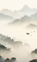 birds flying through the thick fog and forest