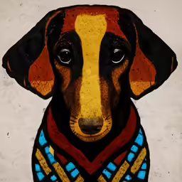 the head of a dachshund, looking up, painted in blue and brown