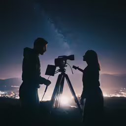 two people are standing near a camera on a tripod