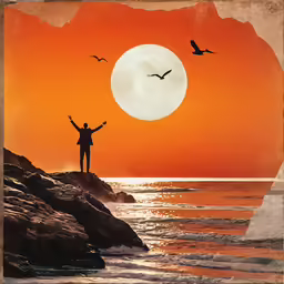 the man is raising his arms with two birds flying nearby