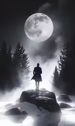 the man looks at the moon while standing on rocks