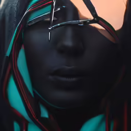 a dark woman with eyeglasses and a scarf