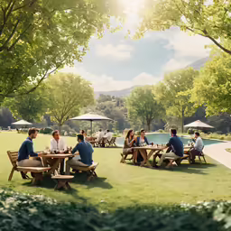 there are many people outside and one is sitting at a picnic table
