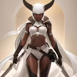 a woman dressed in white and black with guns