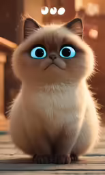 a cat with big blue eyes sitting on the floor