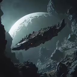 a sci - fi spaceship flying near a moon in space