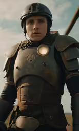 a person dressed in a knight outfit with a metal helmet