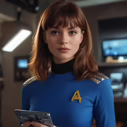 a woman with red hair in uniform holding a cell phone