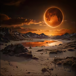 the planets over an orange setting on the horizon