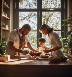 a man and a woman preparing food while a little boy sits at the table in front of them