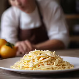 pasta on a plate in the kitchen with someone near by