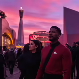 a man and woman stand outside on a street in front of a building