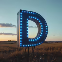 a giant illuminated letter d sits in the middle of a field