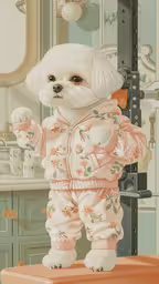 a picture of a dog with clothes on,a small white dog wearing a pink outfit