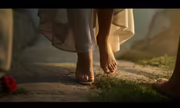 three people walking in the grass next to each other