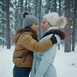 two women in winter clothing and hats on the snow