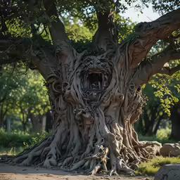 a large, elaborate tree trunk in the park