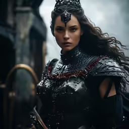 a woman with long hair in black clothes and armor
