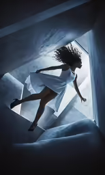 a woman in white dress standing in the middle of a room