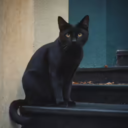 a black cat sitting on the steps looking intently