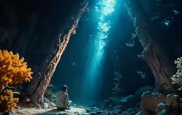 the man is sitting alone in the underbellied woods