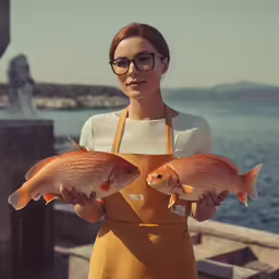 woman with two fish and an apron on