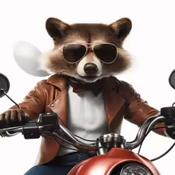 a raccoon wearing glasses on top of a red scooter