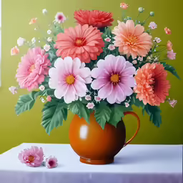 the painting shows flowers in a pitcher on the table