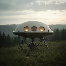 a white and black object sitting on the top of a grass covered field