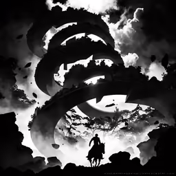 black and white photograph of a person riding a horse