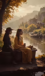 two young women dressed in old clothing are sitting on the side of the river