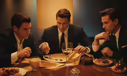 three men eating dinner and drinking wine at a restaurant table