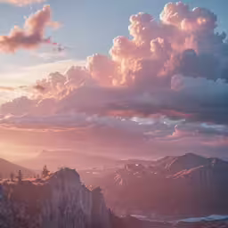 pink clouds over mountains under the same light in the sky