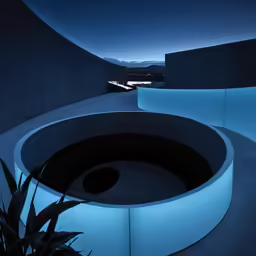 an underground water well next to a wall and plant