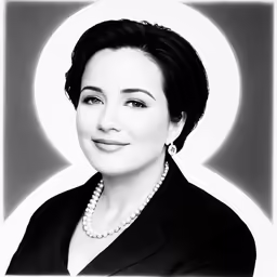 a black and white portrait of a woman wearing pearls