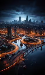 a night time view of a city with many cars driving
