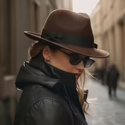 a woman wearing a brown fedora, sunglasses and leather coat