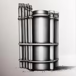 a black and white photo with a large tube on the ground