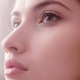 closeup of the face of a woman, wearing earrings