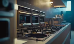 this is a kitchen with many pots and pans on the stove top