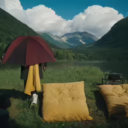 a person sitting under an umbrella near some mountains