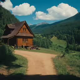 a log cabin is nestled on a dirt road in the woods